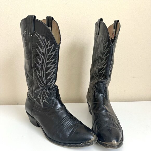 Nocona Cowboy Boots Black 10 Round Toe USA White Stitching Metal Tip Vintage - Picture 2 of 14
